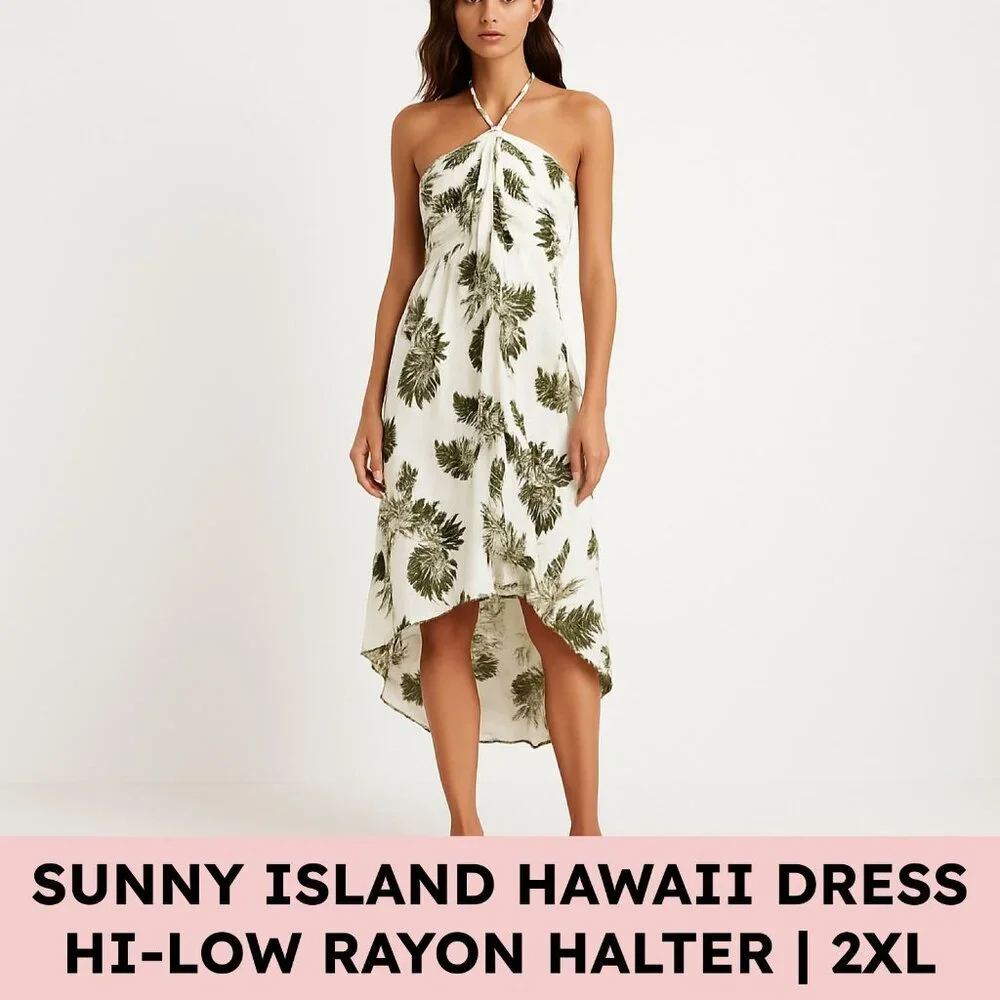 Sunny Island Hawaii Womens Halter Tropical Rayon Dress Green Ivory Size 2XL - Picture 14 of 14